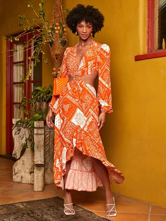 Floral Scarf Print Lantern Sleeve High Low Hem Dress - Image 3