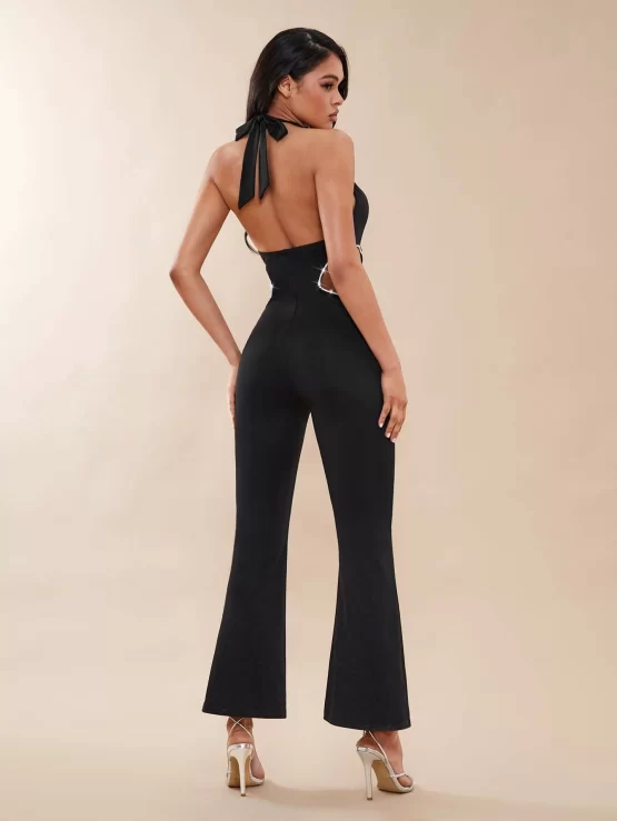 BAE Cut Out Waist Backless Halter Flare Leg Jumpsuit - Image 3