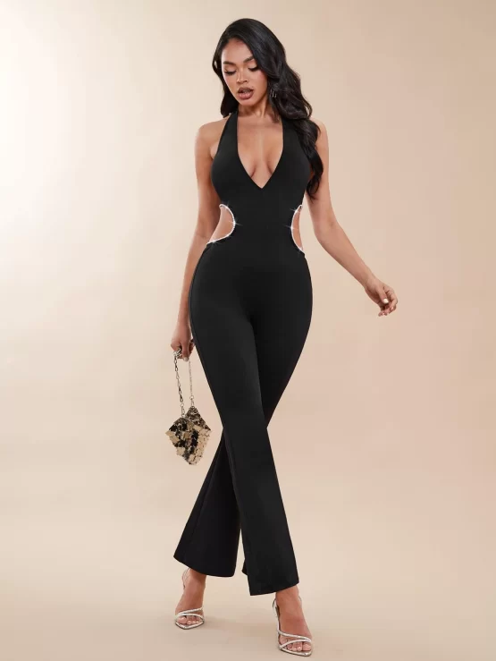 BAE Cut Out Waist Backless Halter Flare Leg Jumpsuit - Image 2