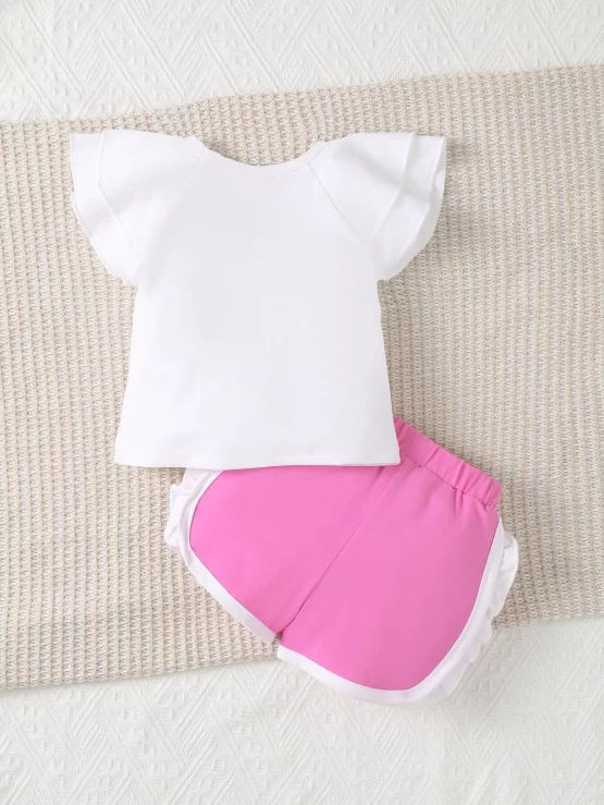 Baby Slogan Graphic Ruffle Trim Tee & Contrast Binding Shorts - Image 3