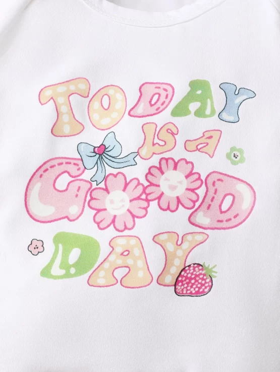 Baby Slogan Graphic Ruffle Trim Tee & Contrast Binding Shorts - Image 2
