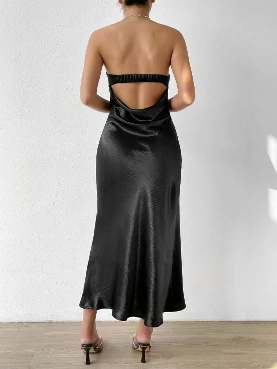 Draped Backless Split Thigh Satin Tube Dress - Image 2