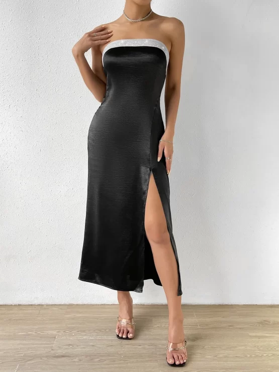 Draped Backless Split Thigh Satin Tube Dress - Image 3