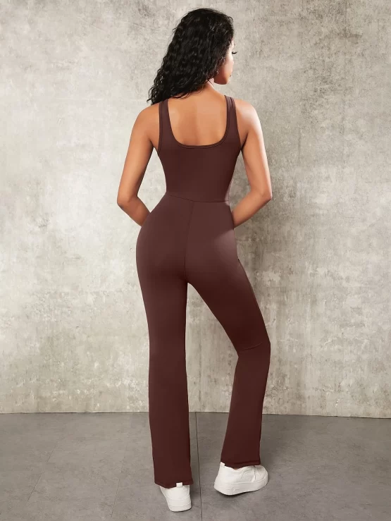 Solid Scoop Neck Flare Leg Sports Jumpsuit - Image 2