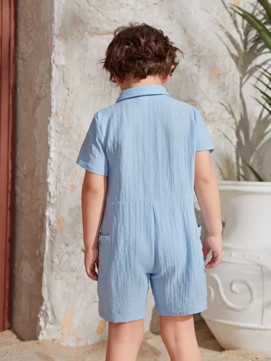 Toddler Boys Letter Patched Detail Shirt Button Romper - Image 3