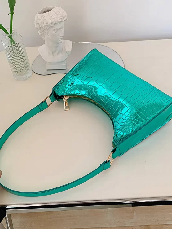 Crocodile Embossed Baguette Bag Metallic Funky Top Handle - Image 2
