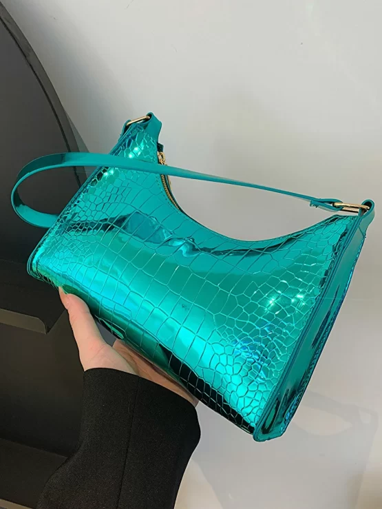 Crocodile Embossed Baguette Bag Metallic Funky Top Handle - Image 3