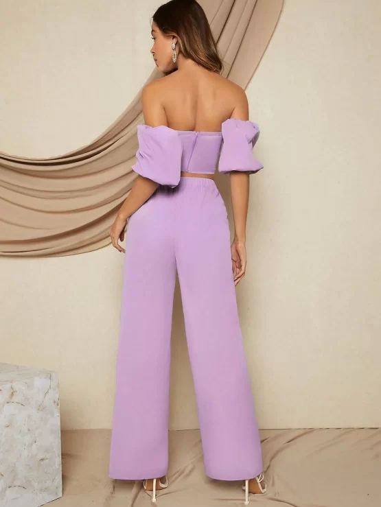 Off Shoulder Plain Zipper Crop Top & Pants - Image 3