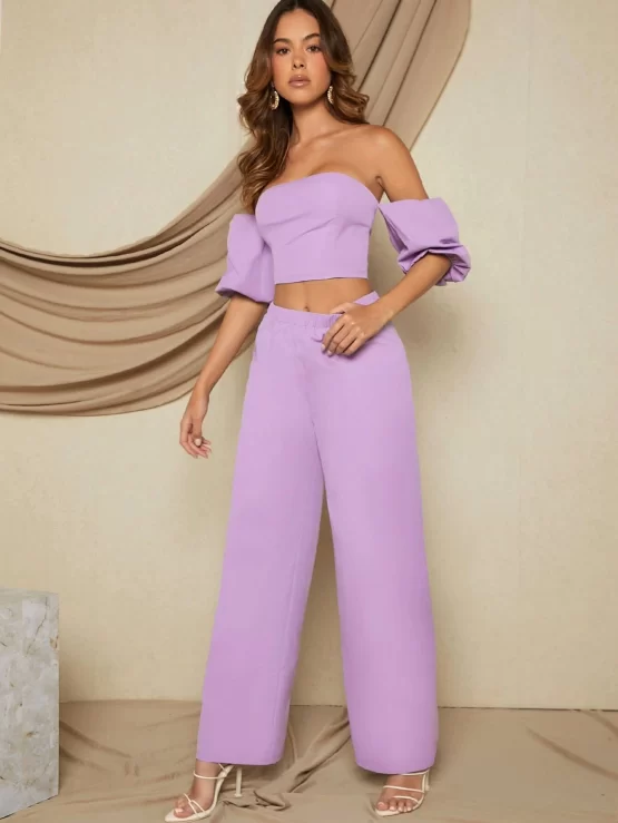 Off Shoulder Plain Zipper Crop Top & Pants - Image 2