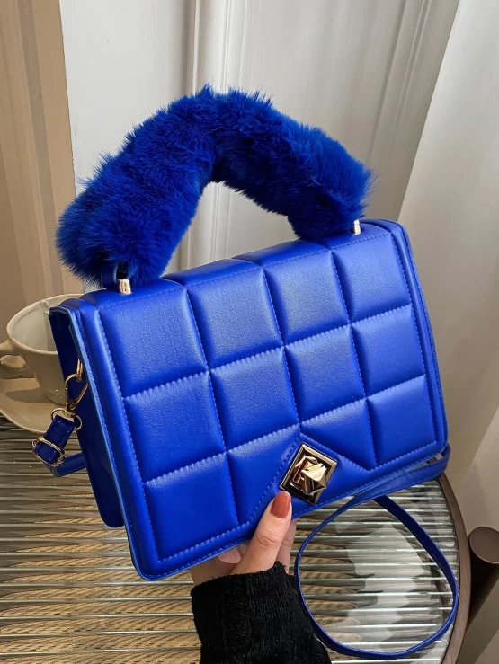 Fluffy Adjustable Handle Textured Flap Square Bag