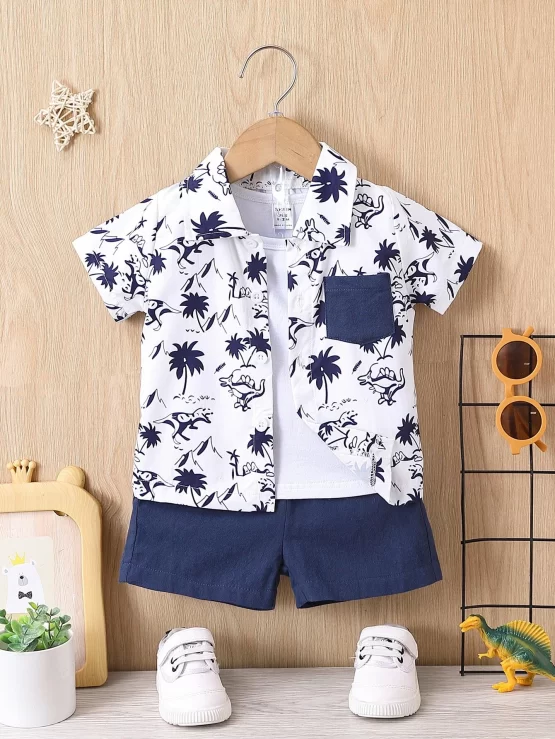 Baby Coconut Tree & Dinosaur Print Patched Pocket Shirt & Shorts Without Tee