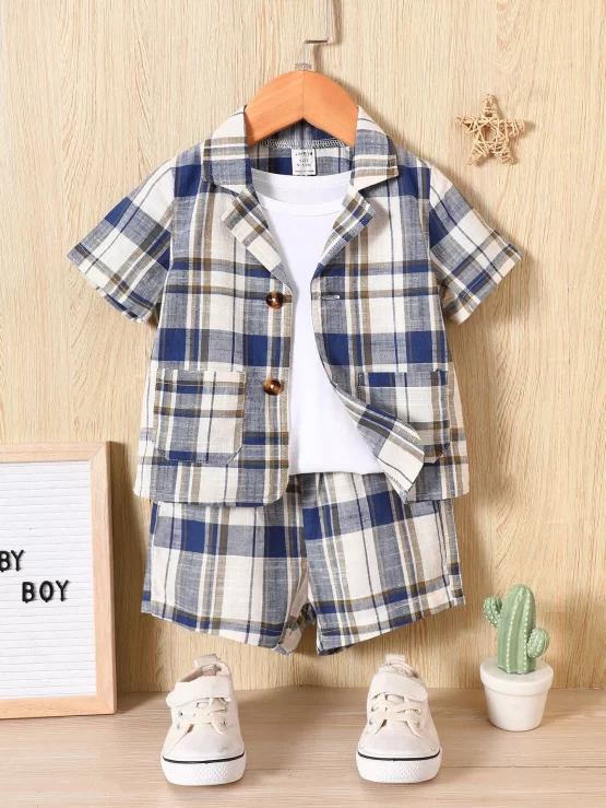 Baby Plaid Print Lapel Neck Shirt & Shorts