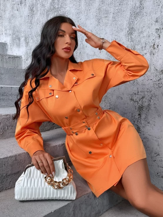 Solid Lapel Collar Double Breasted Shirt Dress
