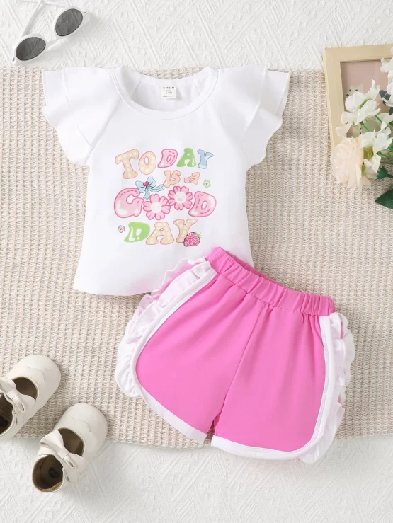 Baby Slogan Graphic Ruffle Trim Tee & Contrast Binding Shorts