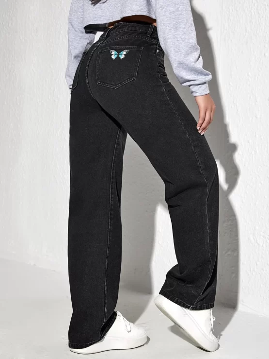 Butterfly Zipper Fly Print Wide Leg Jeans