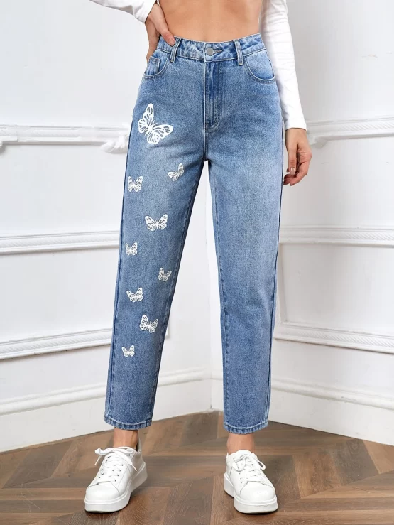 Butterfly Print Zipper Fly Straight Leg Jeans