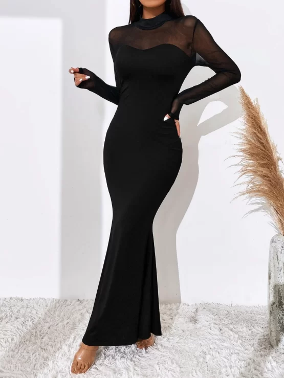 BAE Contrast Mesh Mock Neck Mermaid Hem Dress