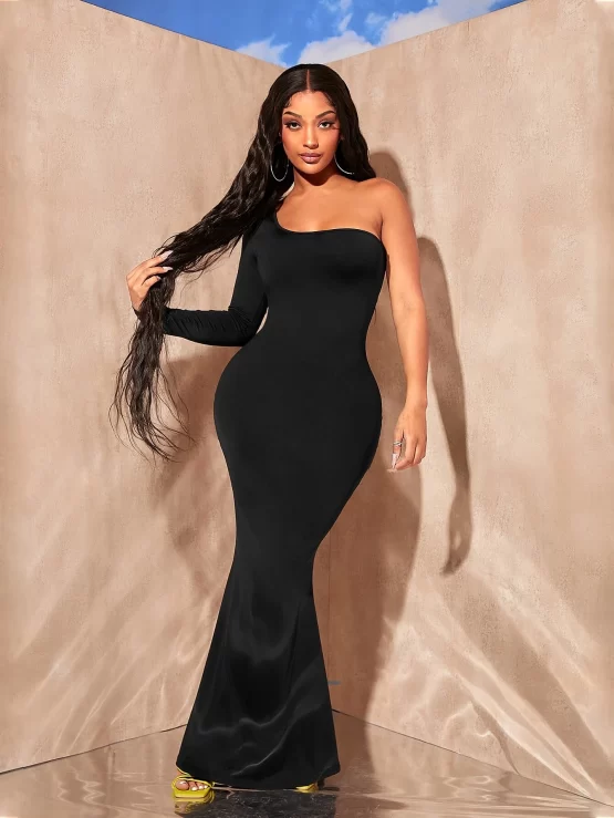 One Shoulder Mermaid Hem Solid Bodycon Dress