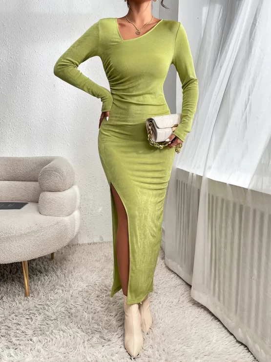BAE Asymmetrical Neck Ruched Side Split Thigh Dress