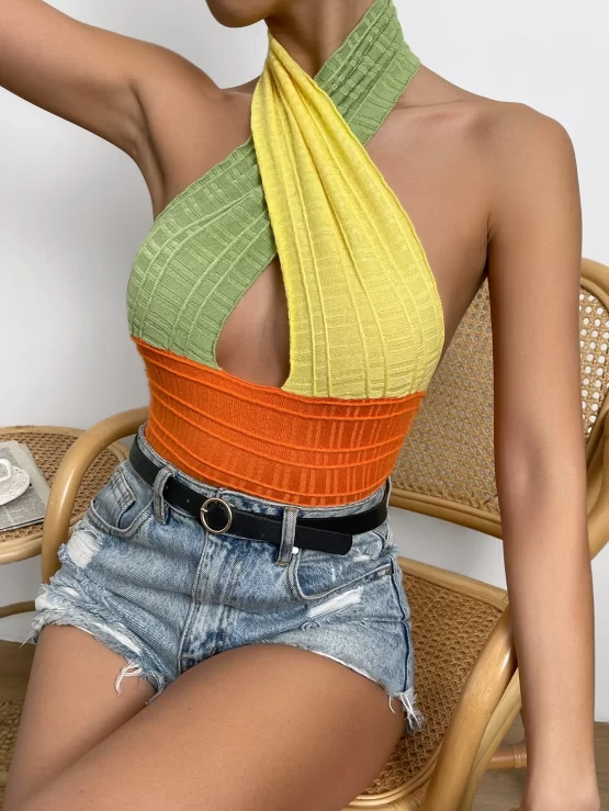 Two Tone Cross Wrap Backless Halterneck Knit Crop Top