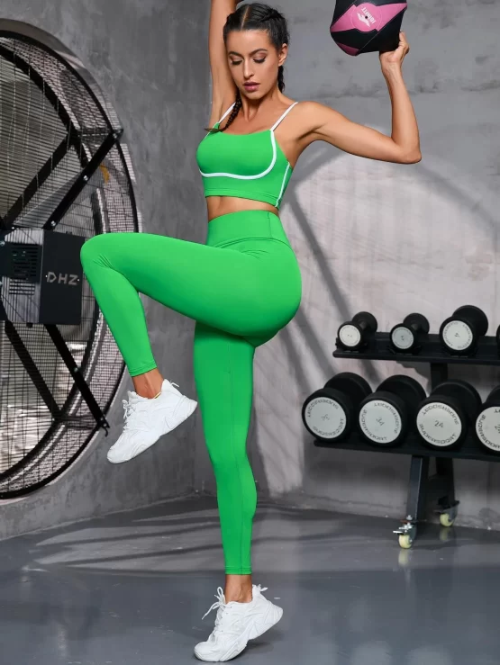 Plain Leggings Contrast Binding Sports Set