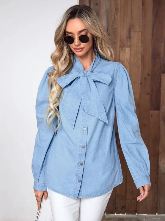 Tie Neck Plain Button Front Denim Top