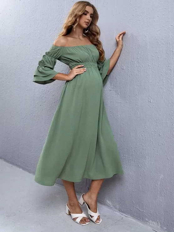 Maternity Off Shoulder Gathered Flounce Solid Sleeve Dress