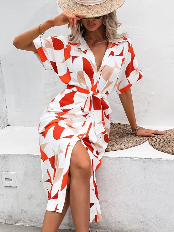 All Over Print Batwing Sleeve Belted Shirt Dress