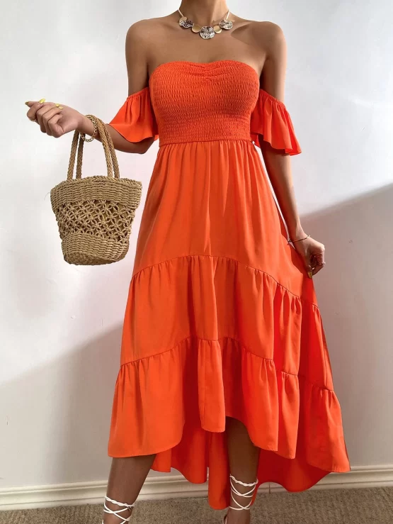 Off Shoulder Shirred Bust Ruffle Hem Dress