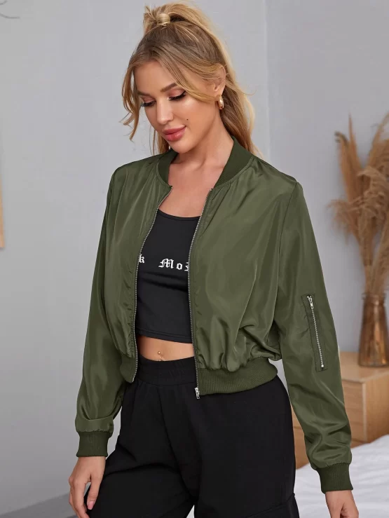 EZwear Zipper Detail Solid Bomber Jacket
