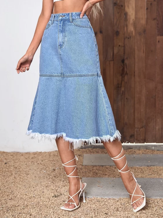 High Waist Ruffle Zipper Raw Hem Denim Skirt
