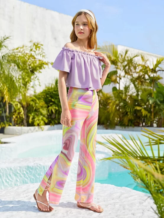 Teen Girls Off Shoulder Frill Trim Top & Allover Print Pants