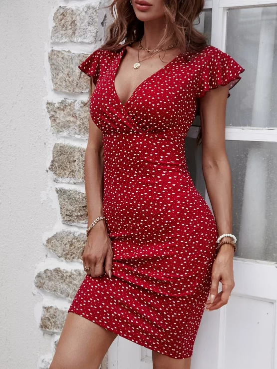 EMERY ROSE Confetti Heart Print Butterfly Sleeve Plunging Neck Bodycon Dress