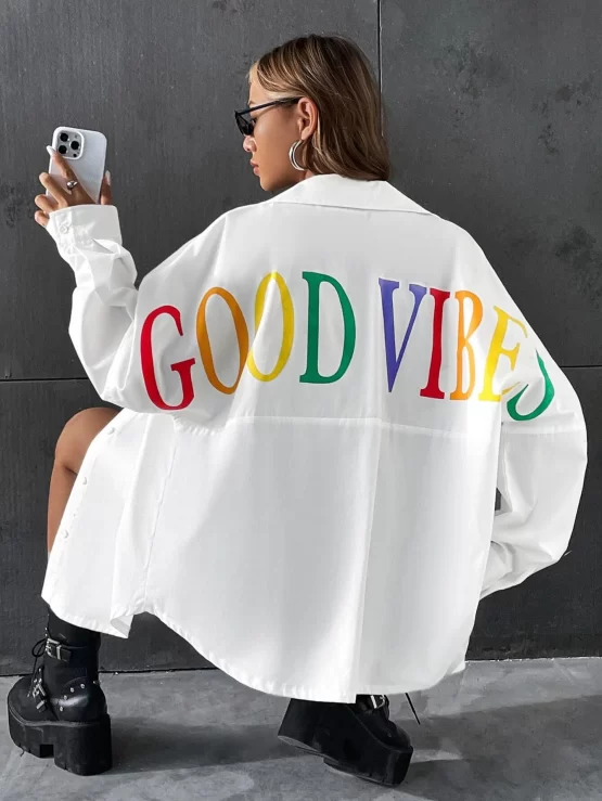 EZwear Letter Graphic Drop Shoulder Hem Shirt