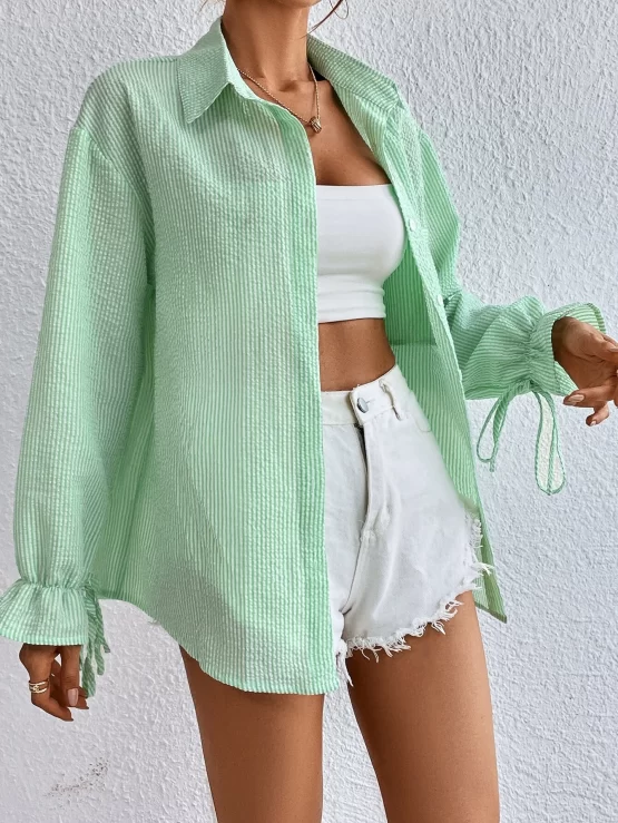 Flounce Sleeve Pocket Patched Hem Shirt