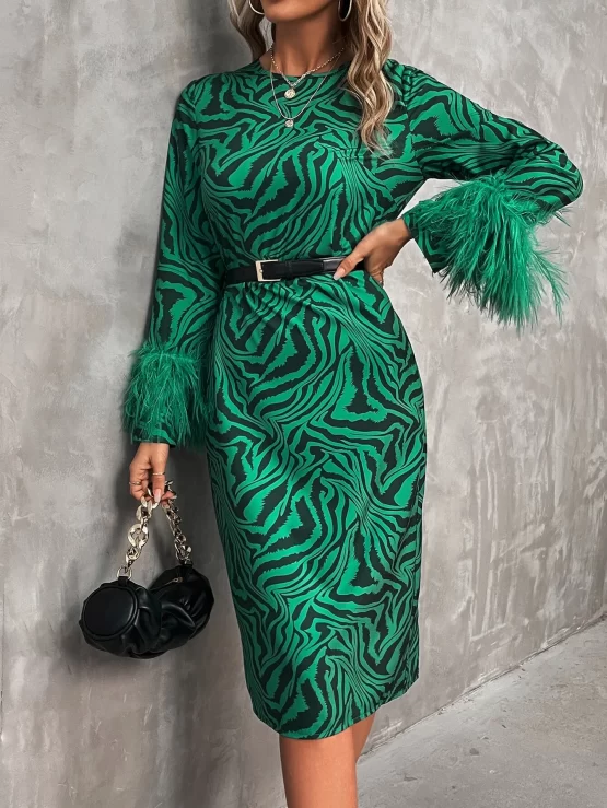Zebra Fuzzy Cuff Striped Dress Without Belt