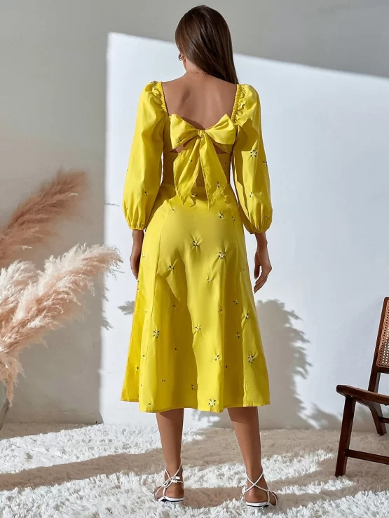 Floral Embroidery Square Neck Tie Back Puff Sleeve Dress
