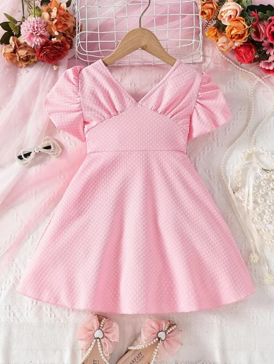 Toddler Girls Ruched Bust Solid Puff Sleeve Dress