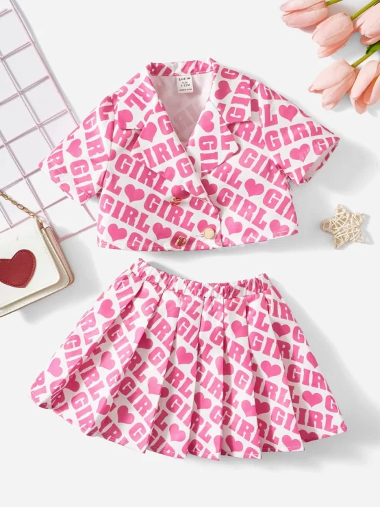 Baby Letter & Heart Print Lapel Neck Blouse & Pleated Skirt