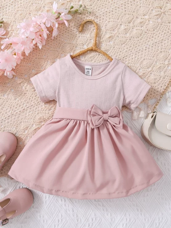 Baby Plain Bow Front A Line Sleeve Dress