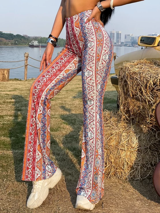 High Waist Boho Floral Print Flare Leg Pants