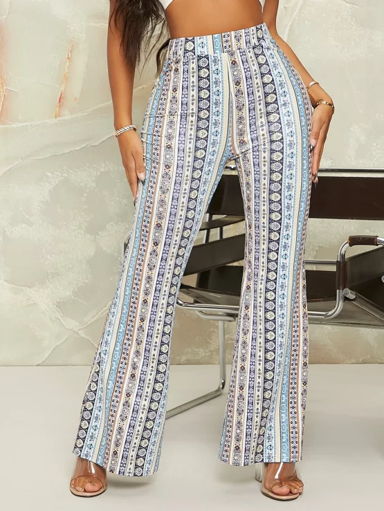 High Waist Boho Ditsy Floral Flare Leg Pants