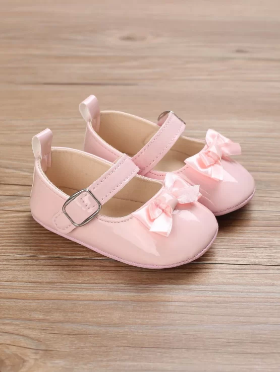 Preppy Pink Mary Jane Shoes For Baby Girls Stitch Detail Bow Decor Flats