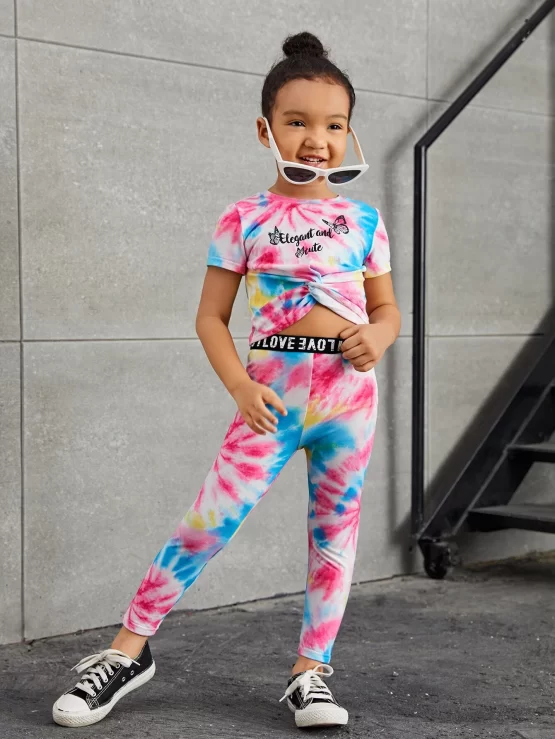 Toddler Girls Tie Dye Slogan & Butterfly Print Top & Letter Tape Leggings
