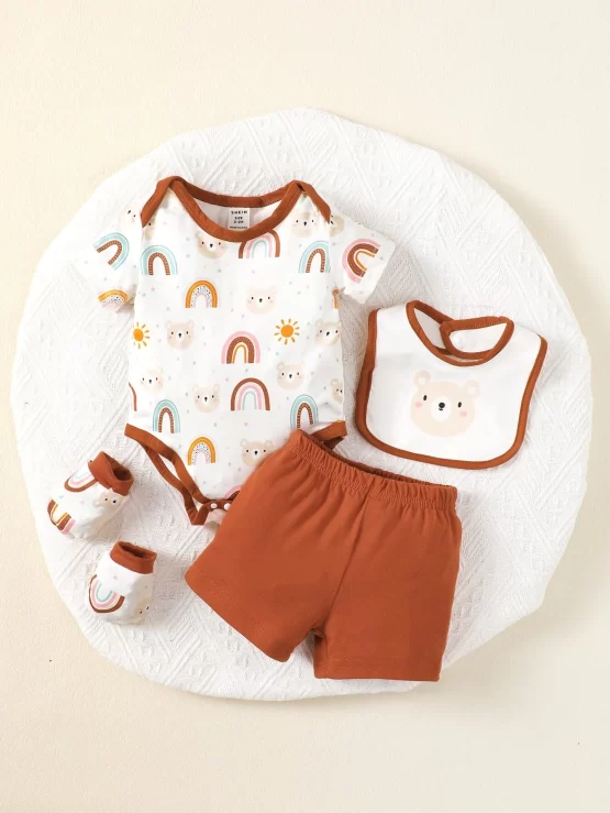 Baby Rainbow Print Contrast Binding Bodysuit & Shorts & Bib & Gloves