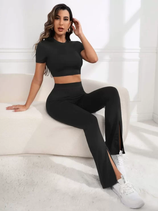Lace Up Split Backless Flare Leg Sports Set