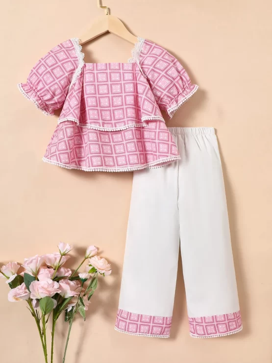 Toddler Girls Plaid Print Puff Sleeve Peplum Top & Pants