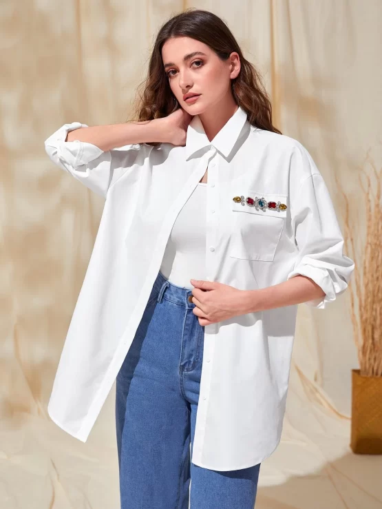 Mulvari Rhinestone Detail Flap Pocket Drop Shoulder Shirt Without Belt
