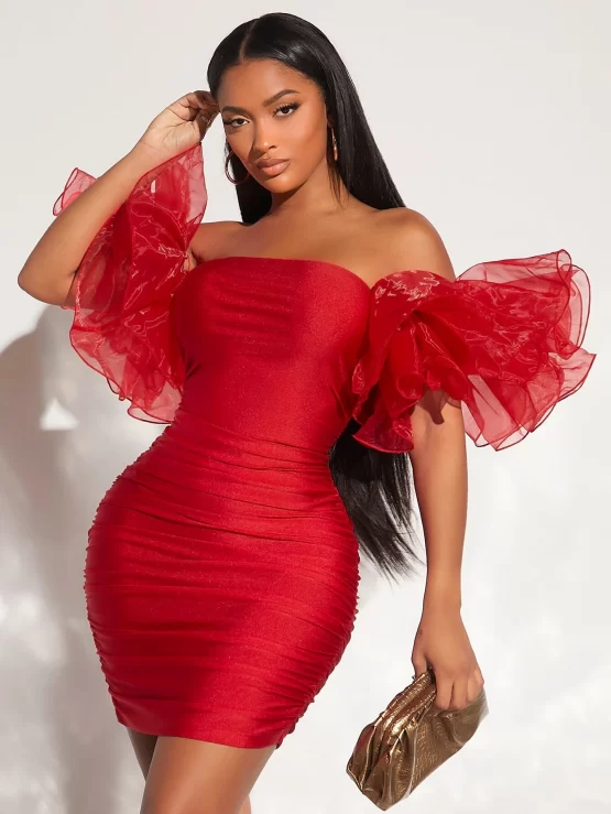 Off Shoulder Exaggerated Ruffle Ruched Mesh Bodycon Dress
