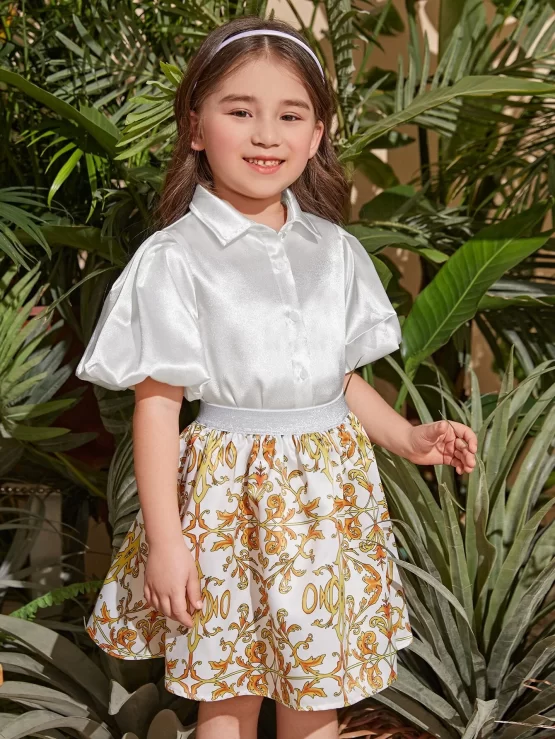 Toddler Girls Puff Floral Sleeve Blouse & Skirt
